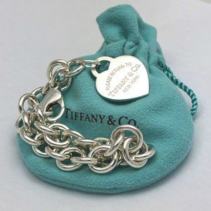 LARGE 8.25" Tiffany & Co Return Heart Tag Charm Bracelet and Blue Pouch